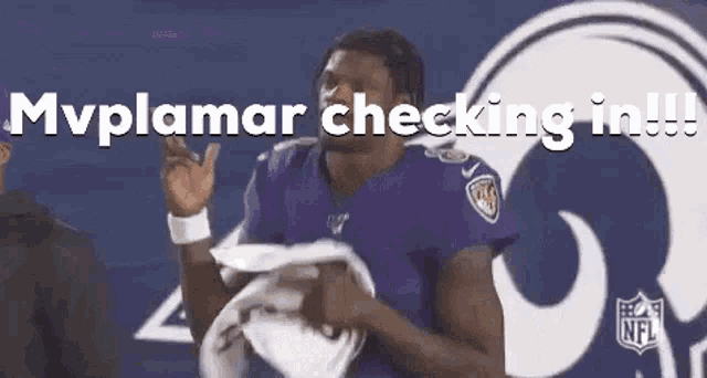 a man in a purple shirt with the words mvplamar checking in written on it