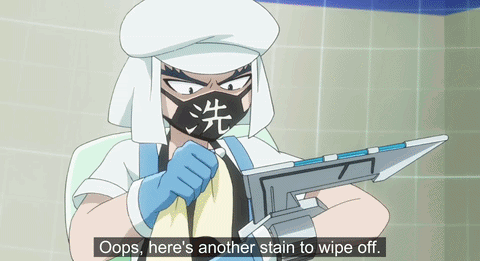 a man wearing a mask and gloves says " oops here 's another stain to wipe off .. "