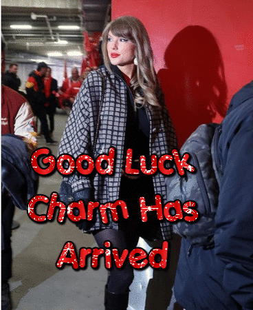 a picture of a woman with the words good luck charm has arrived above her