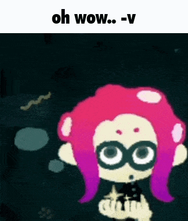 a cartoon octopus with purple hair and glasses is standing in the dark with the words `` oh wow ... -v '' .