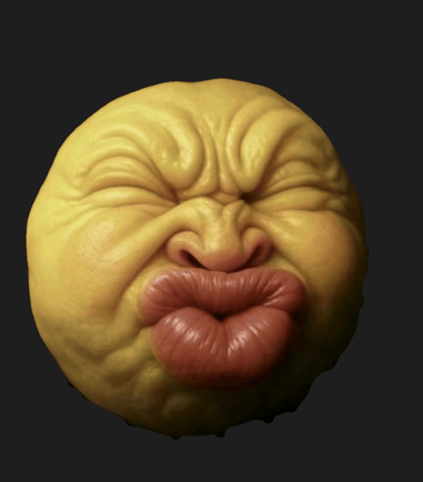 a yellow face with red lips is making a face