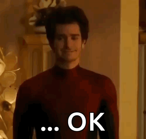 A man in a red sweater looks ahead with the caption “… OK.”
