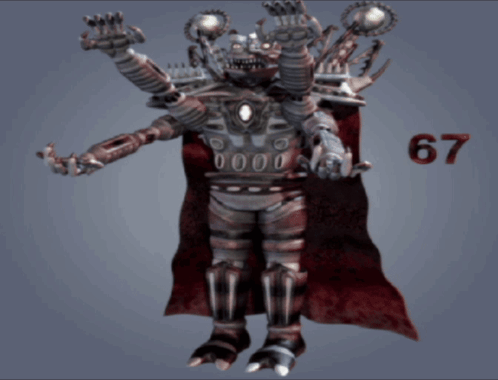 a robot with the number 67 on the bottom of it