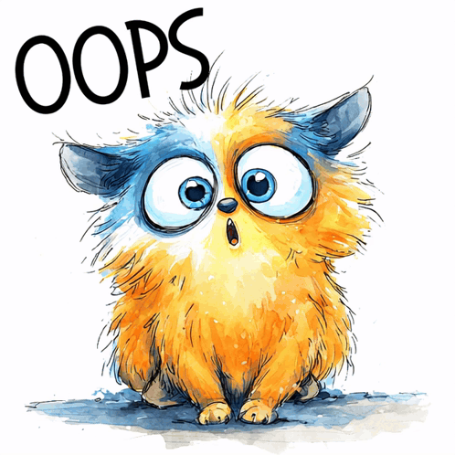 A fluffy blue-and-orange owl-like critter looks startled beneath “OOPS.”
