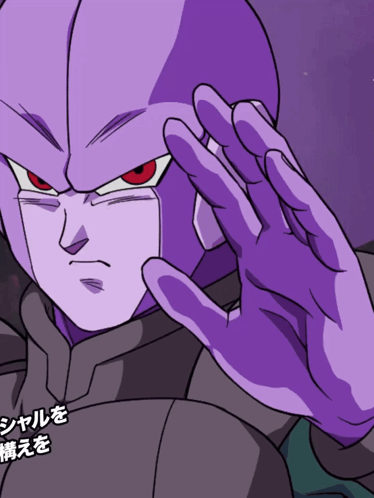 a cartoon character with a purple helmet and red eyes is making a hand gesture