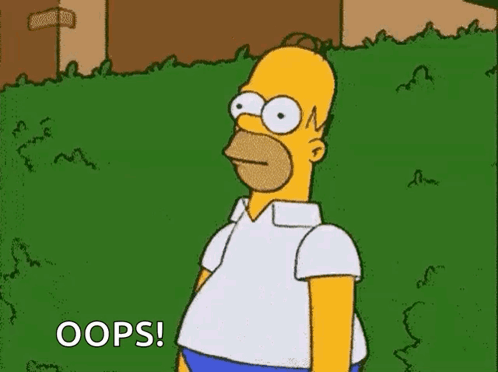 Homer Simpson stands in front of bushes beneath “OOPS!”
