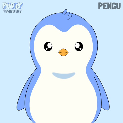 A blue cartoon penguin smiles gently on a pale blue background.