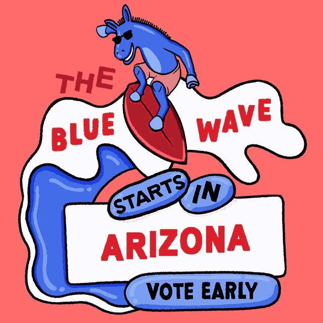 an illustration of a donkey riding a surfboard with the words " the blue wave starts in arizona "