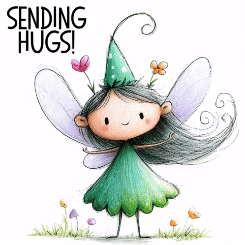 A small flower fairy holds a heart under the caption “SENDING HUGS!”