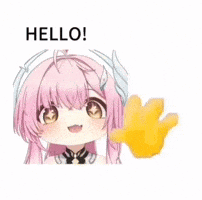 Aemeath, a pink-haired anime girl wearing large headphones, smiles beneath the text “HELLO!” beside a bright yellow waving hand.