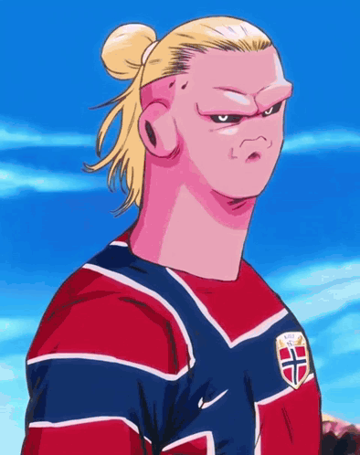 a cartoon drawing of a man wearing a red white and blue shirt