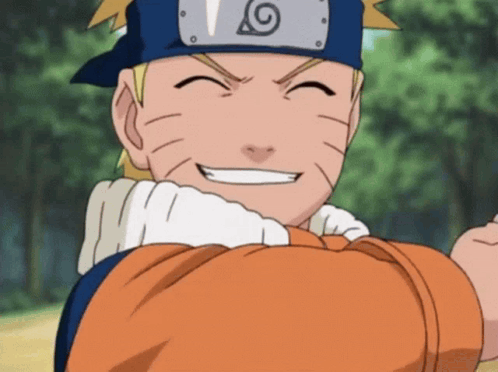 Naruto smiles with eyes closed while hugging someone.