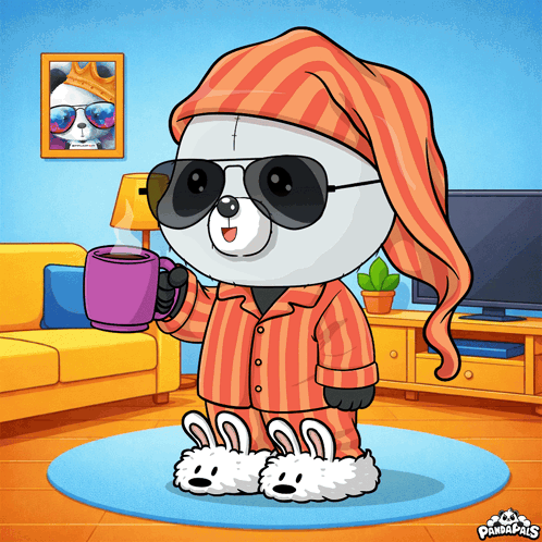 a cartoon of a panda wearing pajamas and slippers