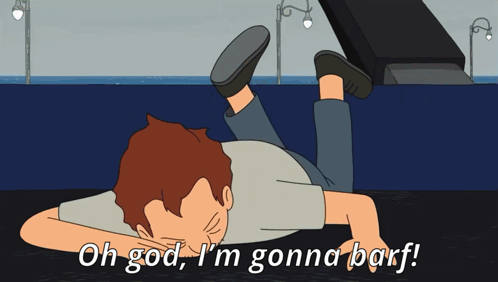a cartoon of a man laying on his stomach with the words oh god i 'm gonna barf