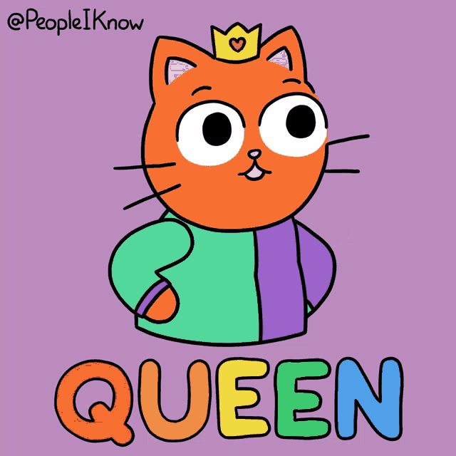 a cartoon of a cat with a crown on its head and the word queen below it