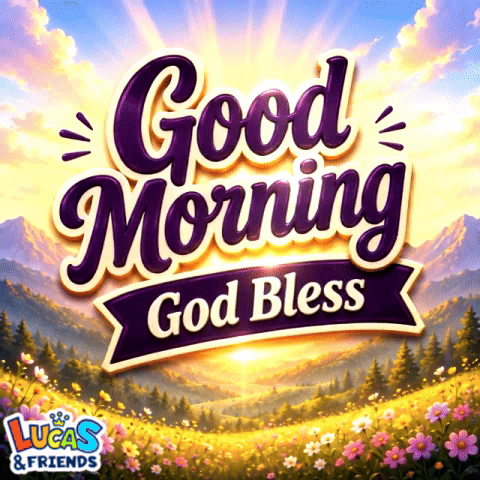 Large decorative “Good Morning, God Bless” lettering sits over a sunny flower field.