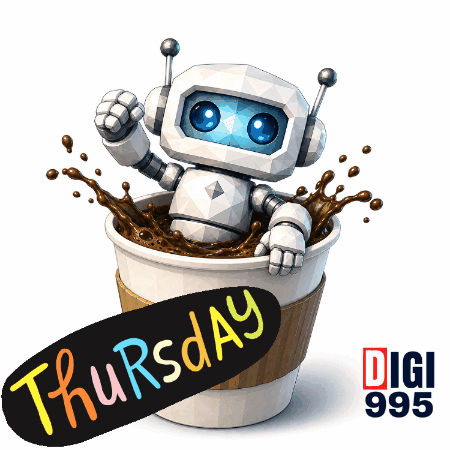 a robot in a cup of coffee with a sign that says thursday on it