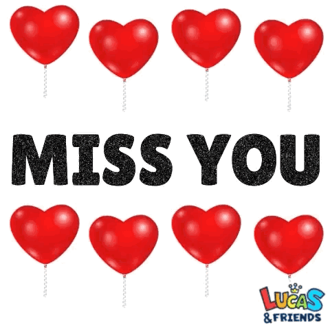 Bold black “MISS YOU” lettering is framed by rows of red heart balloons.