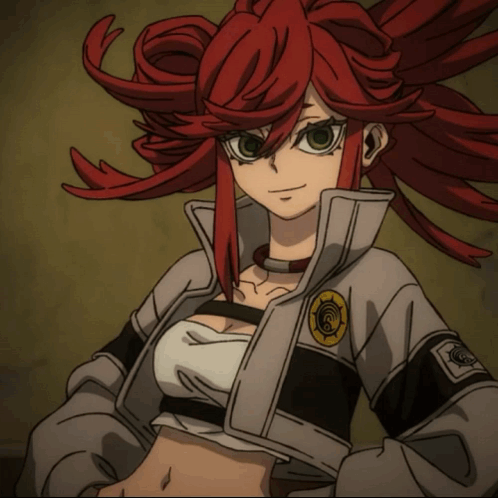 a girl with red hair is wearing a jacket with a badge on it that says ' a ' on it
