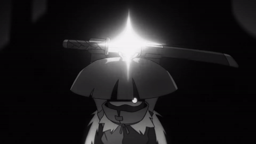 a black and white cartoon character holding a sword