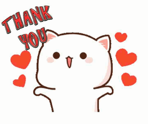 A round white cartoon cat is surrounded by hearts and “THANK YOU” text.