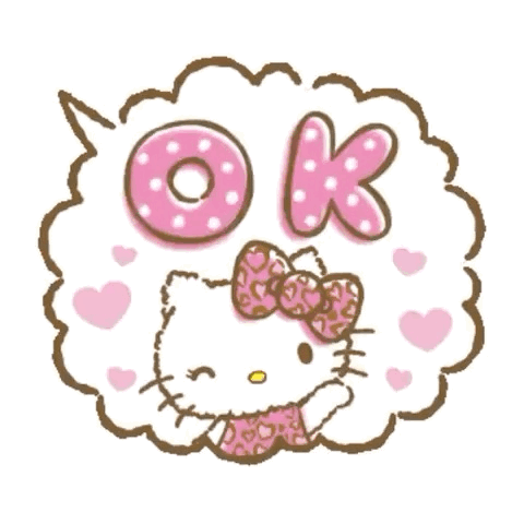 A Hello Kitty-style character in pink holds an “OK” sign amid hearts.