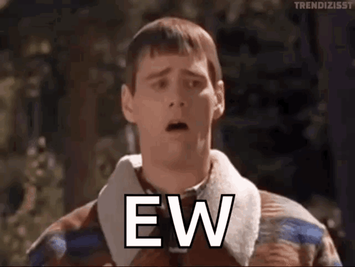 a man in a plaid jacket is making a surprised face and saying ew .