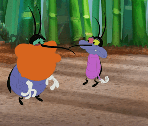 two cartoon bugs are standing next to each other on a dirt path