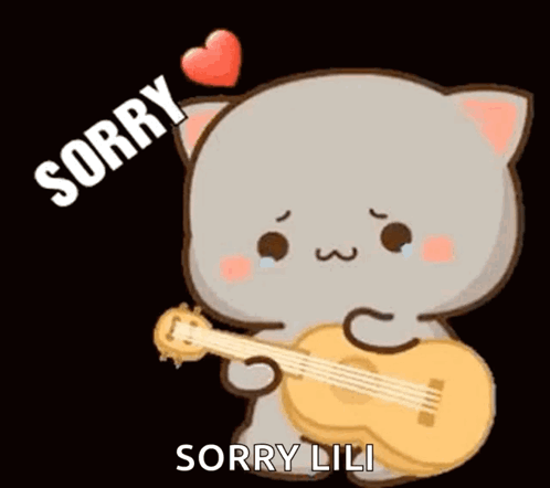 A gray cat strums a tiny guitar beside a heart and “SORRY.”