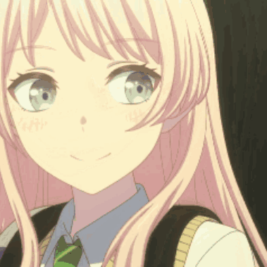 a close up of a girl with long pink hair wearing a green tie