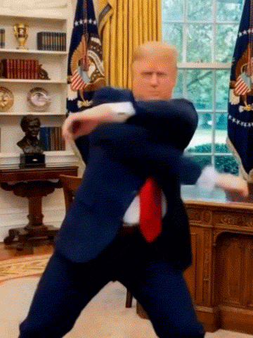 A Donald Trump-like AI figure dances in an office while wearing a suit and red tie.
