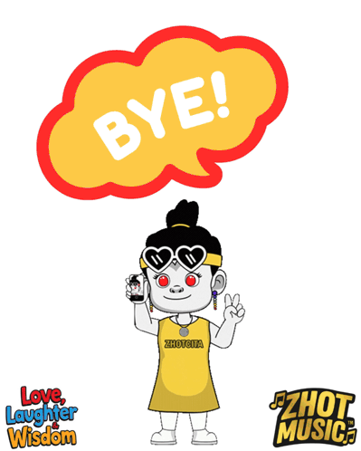 a cartoon of a girl holding a cell phone with a bye speech bubble above her