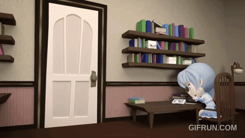 a gif from gifrun.com shows a girl sitting in a chair in front of a bookshelf