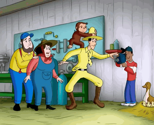 a group of cartoon characters including a man in a yellow shirt
