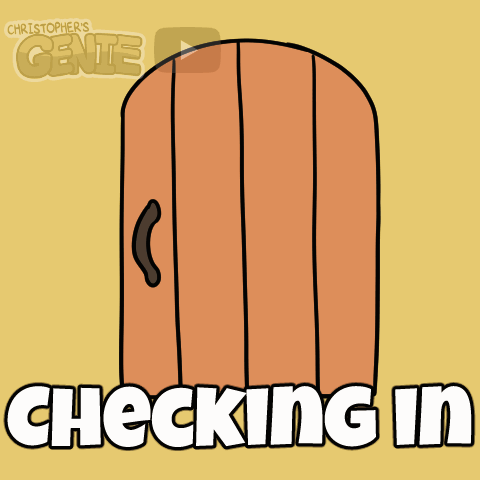 a cartoon drawing of a door with the words checking in underneath it