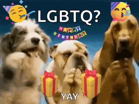 a group of three dogs standing next to each other with the words lgbtq on the top