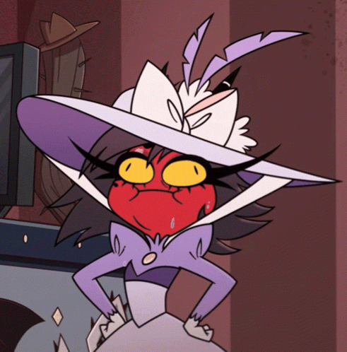 a cartoon character wearing a purple hat with feathers on it