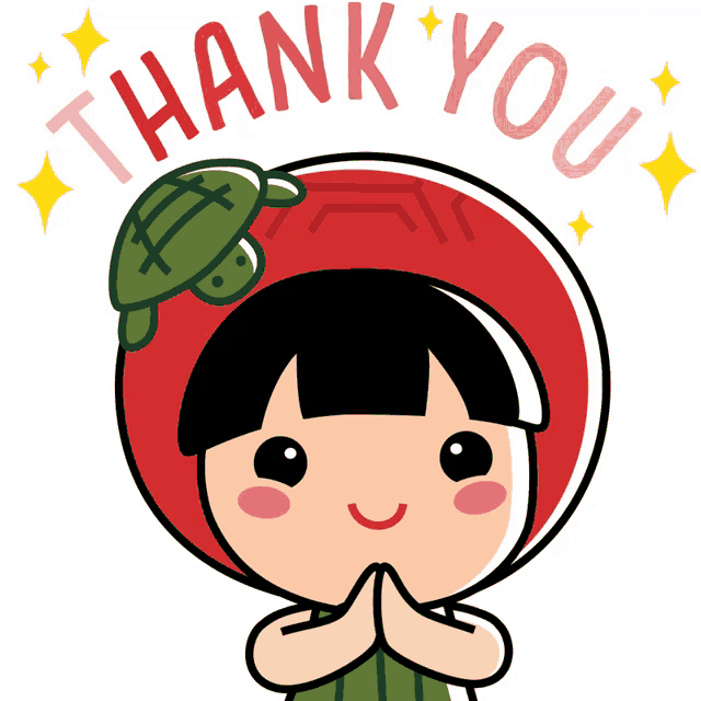 a girl with a turtle on her head and the words thank you around her