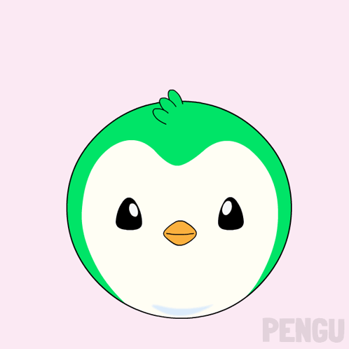 A green-and-white cartoon penguin gives an approving nod-like expression on a pale pink background.