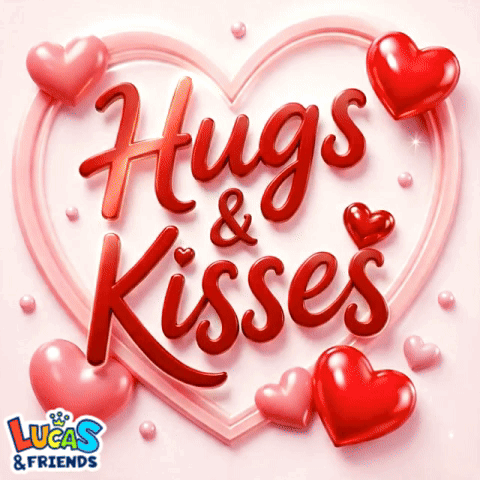 A glossy pink heart graphic reads “Hugs & Kisses.”