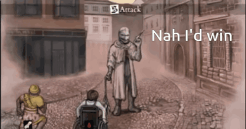 a drawing of a man with a gun and the words " nah i 'd win " below him