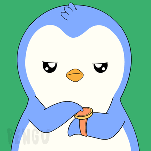a blue and white penguin is holding a watch with the word pengu on the bottom right