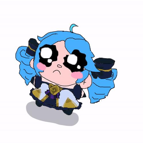 a cartoon drawing of a girl with blue hair and a mask on her face