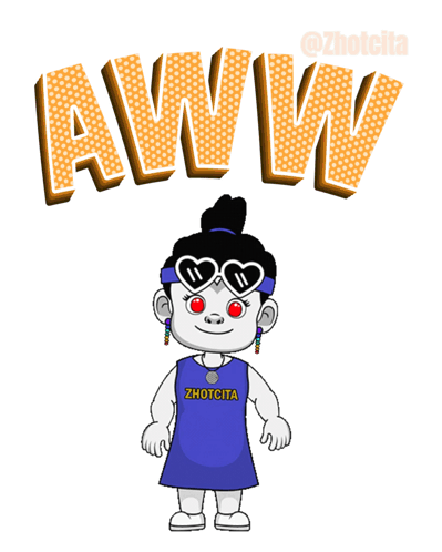 A stylized figure under “AWWW” text stands in a blue dress.