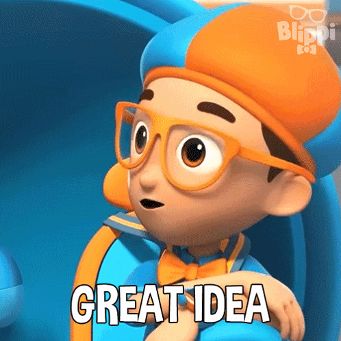 a cartoon character from blippi says `` great idea '' while sitting in a chair .