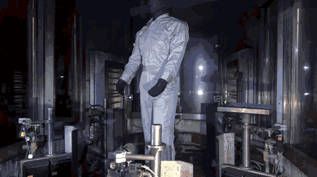 a man in a white suit is standing in a dark room with a machine that says ' a ' on it