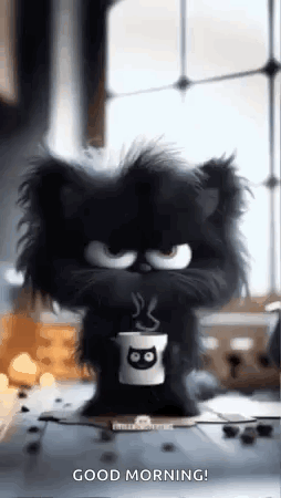 A grumpy black cat sits beside a steaming coffee mug with “Good Morning.”