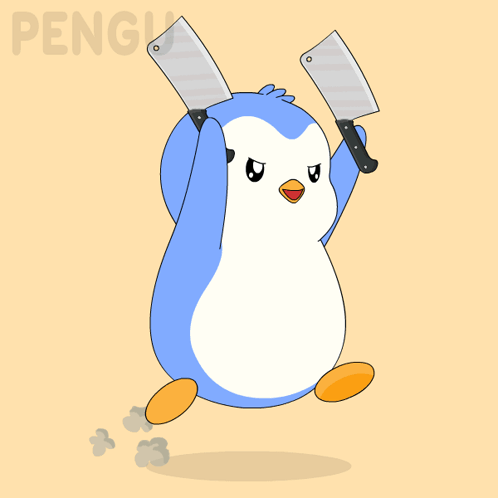 a penguin is holding two knives in its hands and the word penguin is behind it