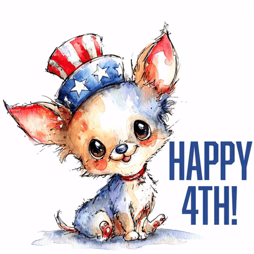 a chihuahua wearing a patriotic hat says happy 4th on the bottom