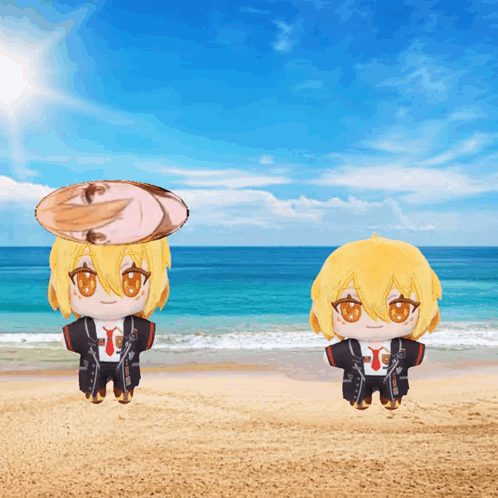 two stuffed dolls are standing on a beach with one holding a piece of food on his head